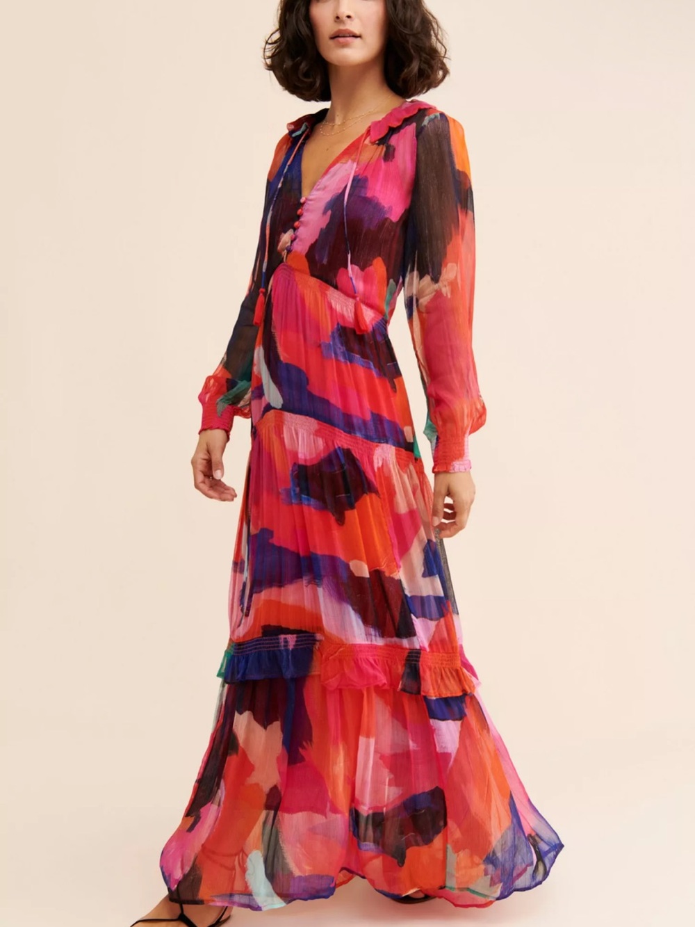 Anthropologie The Marias Printed Chiffon Maxi Dress with Long Sleeves